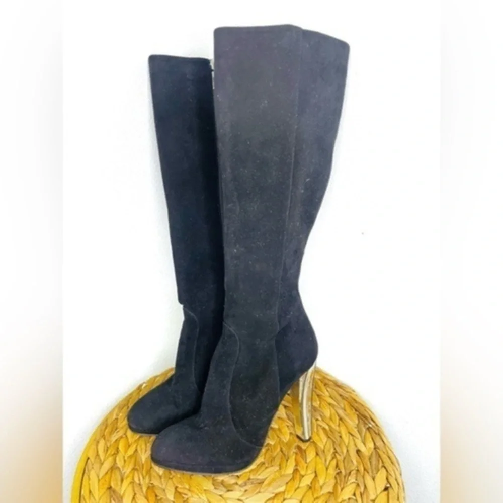 Bruno Magli long boot Suede black Platform tall Boots embellished silver heeled